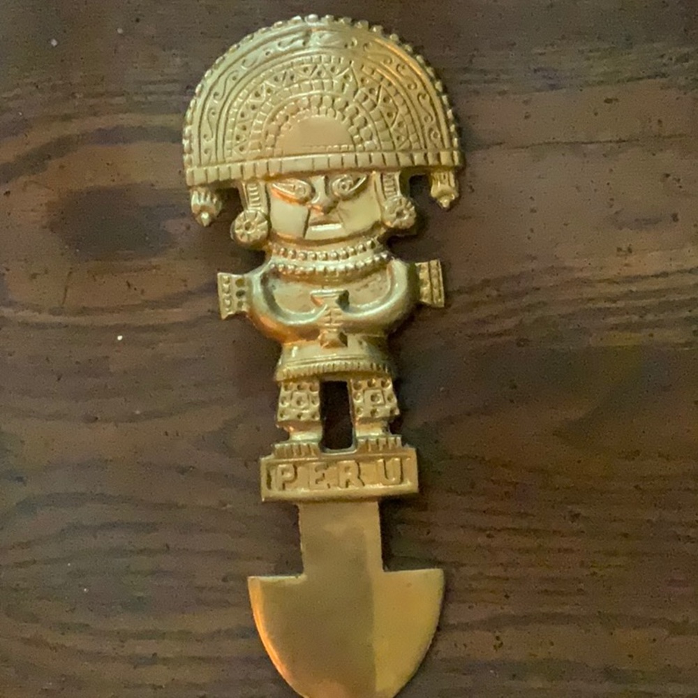 Vintage Peruvian Inca fertility God brass wall hanging.